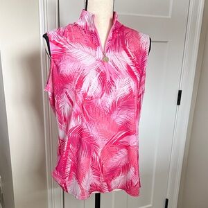 Sleeveless Pink Palm-Print Tank Top with Zip Mock Neck